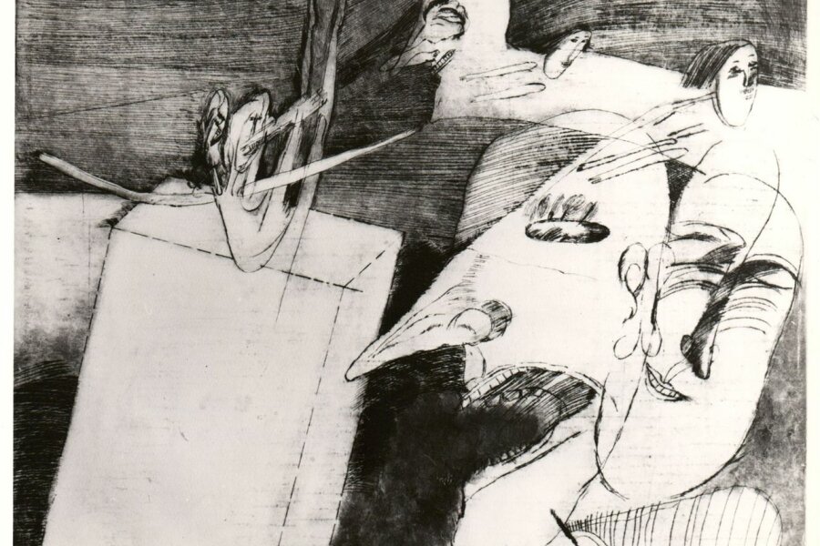 Eva Vlasáková, Divný sen, cyklus Lásky a úzkosti naší doby I, 1985, barevná suchá jehla